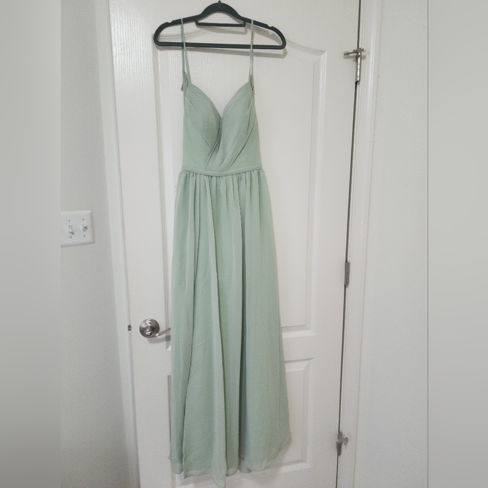 Azazie Sage Green Spaghetti Strap Maxi Dress with High Slit - Picture 2 of 11